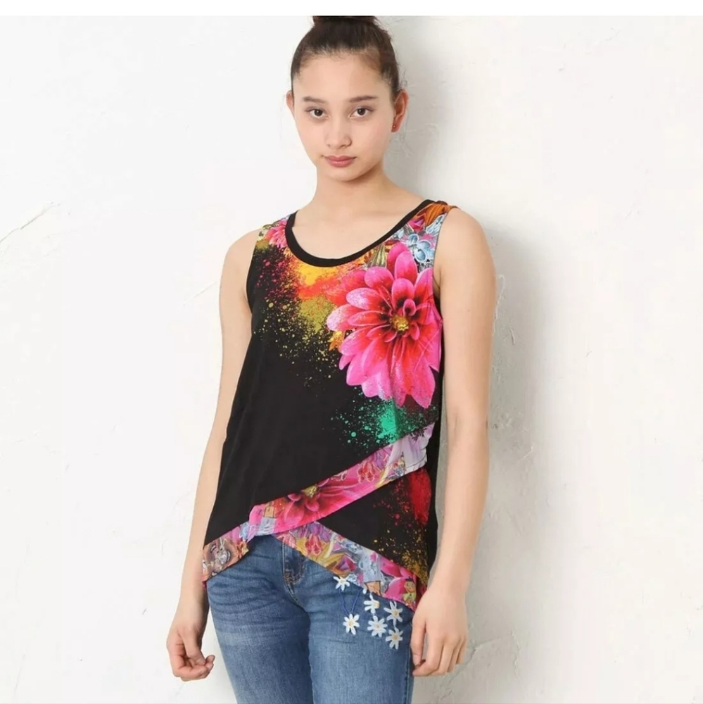 Desigual Black Floral Volantes Luka Sleeveless Tank Top XS